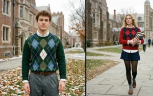 Preppy winter fashion outfits showing classic argyle pattern sweaters layered over crisp white button-down shirts.