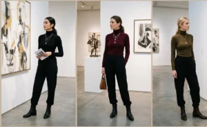Three women in an art gallery wearing form-fitting turtlenecks in black, burgundy, and olive, gracefully balancing out loose black sweatpants, accessorized with layered gold pendants.