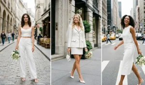 A 3-panel photo collage showcasing a bride in modern white two-piece sets, featuring a tailored crop top with wide-leg trousers and a preppy tweed skirt and blazer combination.