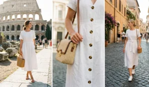 A three-panel photo collage showing women wearing classic white linen midi dresses in Rome, featuring an A-line dress by the Colosseum, a close-up of a straw crossbody bag, and a tie-waist dress paired with white leather sneakers.