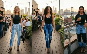 Three women in a photo collage making a bold fashion statement with patchwork two-tone denim jeans and studded strappy sandals.