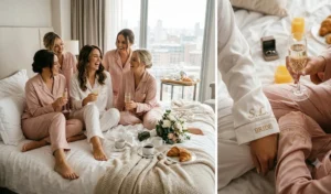 A 2-panel photo collage of a bride and her squad lounging on a hotel bed, wearing luxurious custom embroidered silk pajama sets in white and blush pink.