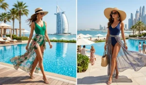 Two glamorous women wearing stylish one-piece swimsuits with sheer sarongs at a luxury Dubai beach club.