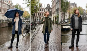 Stylish rainy day outfits for Amsterdam featuring minimalist rain-slickers, chunky turtleneck sweaters, and leggings.