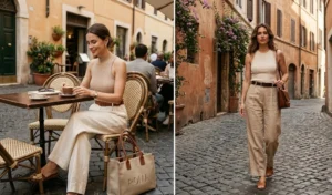 A two-panel photo collage of women in Rome wearing neutral high-waisted wide-leg linen trousers with ribbed tank tops, accessorized with a canvas tote bag and comfortable tan leather slides.
