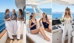 A 3-panel photo collage of a yacht day bachelorette party with the squad wearing navy and white nautical stripes, and the bride in an all-white sailor ensemble with a captain hat.
