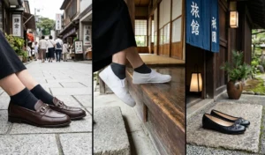 A collage of comfortable travel shoes for Japan, showcasing sleek leather loafers, white slip-on sneakers worn with clean socks, and stylish flats placed at the entrance of a ryokan.