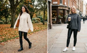 Casual winter outfit inspiration featuring chunky oversized cable knit sweaters paired with sleek black leather leggings.