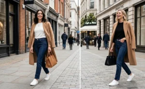 Side-by-side photos of two women walking on an urban street, wearing un-distressed dark wash straight-leg jeans, tailored camel coats, and crisp white court sneakers.