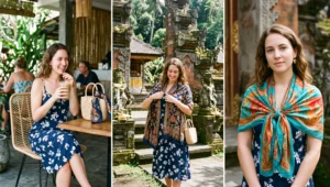Women using lightweight silk and chiffon scarves draped gracefully over their shoulders to easily comply with the modest temple dress code in Bali.
