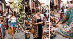 Women shopping at the Ubud Art Market wearing colorful boho-chic kimonos layered over casual denim cutoffs and white tank tops.
