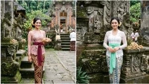 Women visiting a Balinese temple wearing traditional sheer lace Kebaya blouses in blush pink and white, paired respectfully with batik sarongs and waist sashes.