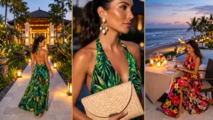 Glamorous evening resort wear featuring women in vibrant, tropical print halter-neck maxi dresses arriving at a luxury dining venue in Nusa Dua.