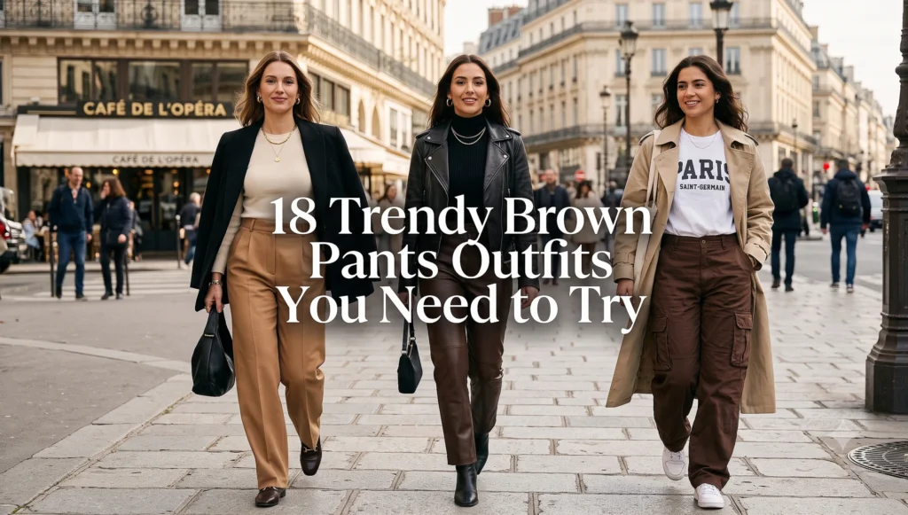 "Three stylish women are walking together confidently on a Parisian street with stone pavement and classic architecture. In the center, there is large white text that reads, '18 Trendy Brown Pants Outfits You Need to Try'. Each woman is modeling a different style of brown pants paired with a trench coat or blazer. The background shows Parisian buildings and a café named 'CAFÉ DE L'OPÉRA'."