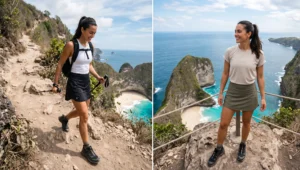 Women hiking the rugged coastal cliffs of Nusa Penida wearing practical, sporty skorts paired with fitted ribbed tank tops and sturdy trail shoes.