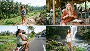 Four panels showing women exploring Bali in lightweight, breathable summer rompers in floral, rust, sage green, and white colors for active daytime excursions.