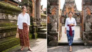 Elegant Bali temple outfits featuring beautifully patterned silk and cotton sarongs paired with crisp white linen button-down blouses.