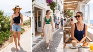 Women styling sleek one-piece swimsuits as daytime bodysuits, paired effortlessly with high-waisted denim cutoffs and flowing linen midi skirts.