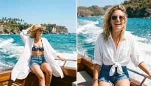 Women riding a speedboat in Bali wearing breezy, oversized long-sleeved white linen shirts unbuttoned as stylish sun protection over swimsuits.