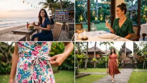 Four women wearing elegant, breathable wrap dresses in soft cotton and viscose, perfectly styled for romantic evening dinners and upscale Bali restaurants.