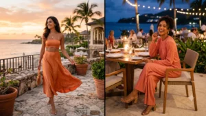Women wearing trendy two-piece evening sets, including a high-waisted flowy midi skirt and matching tube top, for a stylish night out in Bali.