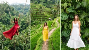 A collage of women wearing flowing red, yellow, and white maxi dresses while exploring the jungle swings and lush Tegalalang rice terraces in Ubud, Bali.