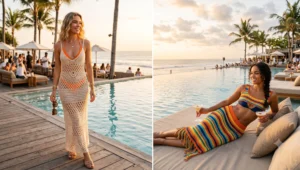 Women lounging at a Bali beach club wearing stylish cream and multi-colored crochet cover-ups styled elegantly over high-waisted bikinis.