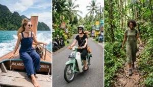 Women traveling around Bali by boat and scooter wearing practical, secure-strap wide-leg jumpsuits in comfortable cotton and jersey fabrics.