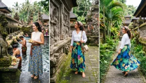 Women wearing modest floral maxi skirts and high-neck sleeveless tops while exploring the ancient stone carvings at Tirta Empul temple.