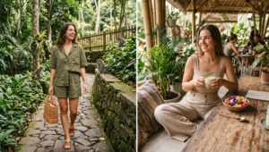 Two women wearing breathable earth-toned matching linen sets, featuring olive green shorts and beige wide-leg trousers, perfect for cafe hopping in Ubud.