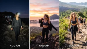 A woman completing the Mount Batur sunrise hike wearing a flexible black quick-dry activewear set layered with a lightweight windbreaker.