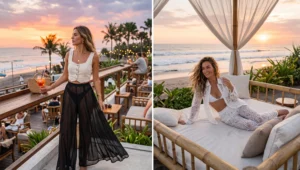 Women enjoying sunset drinks at a Canggu rooftop bar wearing elegant sheer wide-leg pants in black chiffon and white lace over their swimwear.