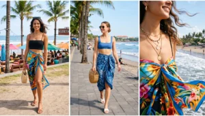 Trendy women in Seminyak wearing vibrant tropical print silk sarong skirts paired with strappy crop tops and bamboo handbags for modern resort styling.