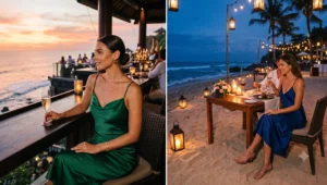 Women enjoying romantic evening dinners at a cliffside bar wearing elegant jewel-toned satin slip dresses in emerald green and sapphire blue.