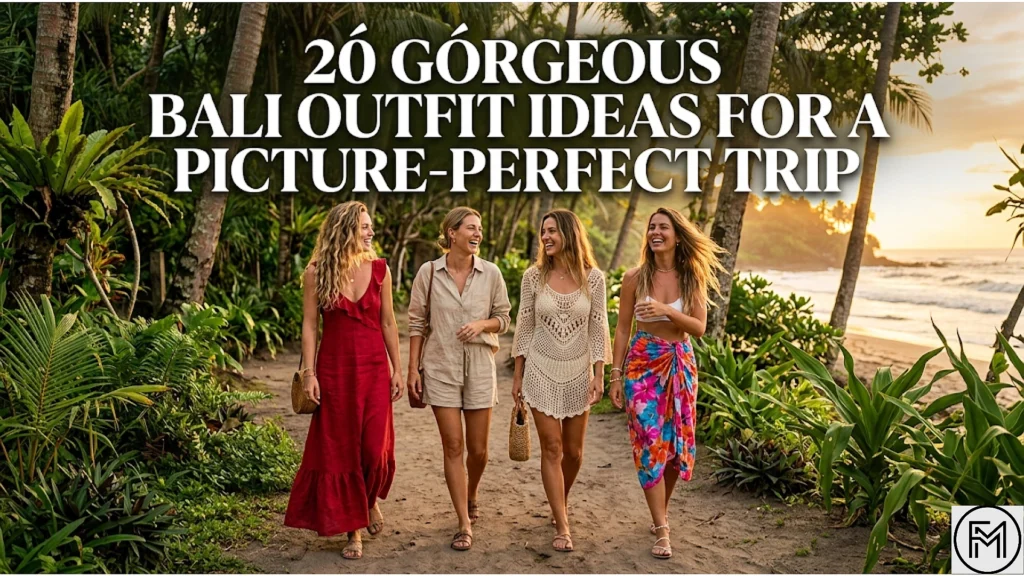 "A landscape photograph of four young women happily walking and laughing along a dirt path through a lush tropical jungle in Bali, towards a sandy beach and the ocean at sunset. They are dressed in various stylish resort-wear outfits. Overlaid text across the top in large white letters reads: '20 GORGEOUS BALI OUTFIT IDEAS FOR A PICTURE-PERFECT TRIP'."