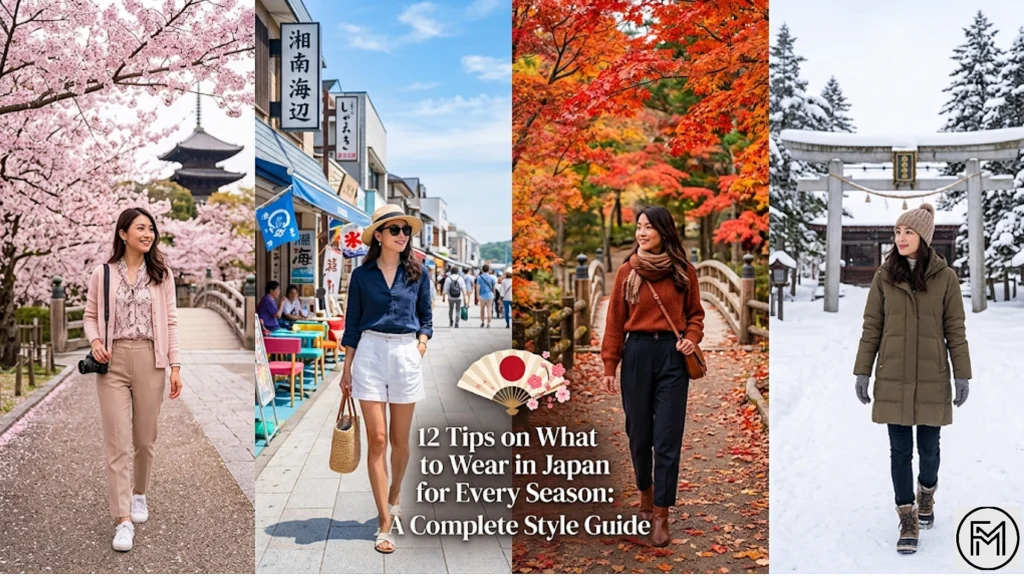 A vertical photo collage divided into four seasonal scenes of a woman traveling in Japan. From left to right: a spring scene with cherry blossoms and a pagoda, a summer scene on a busy street with shop signs, an autumn scene with red maple leaves and a bridge, and a winter scene with snow and a torii gate. In the center, text below a Japanese fan icon reads, '12 Tips on What to Wear in Japan for Every Season: A Complete Style Guide'.