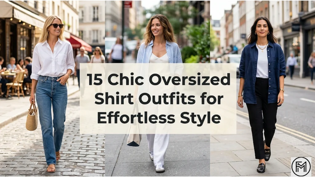 "A fashion graphic collage featuring three different images of women confidently modeling oversized shirt outfits on sunlit city streets. The collage is split into three vertical sections showing the women walking. From left to right: A woman with curly blonde hair and sunglasses in an oversized white button-down shirt tucked into high-waisted blue jeans, holding a straw bag; a woman with curly blonde hair in matching light blue oversized button-down top and baggy blue jeans with a light blue blazer, smiling; and a woman with dark curly hair in an oversized brown short-sleeve linen button-up shirt with high-waisted tailored black trousers. Integrated across the center, over all three images, is a clean text block that reads, in bold, all-caps white lettering: '15 CHIC OVERSIZED SHIRT OUTFITS FOR EFFORTLESS STYLE', with the subtitle below in smaller text: '(AND HOW TO STYLE THEM LIKE A PRO)'."