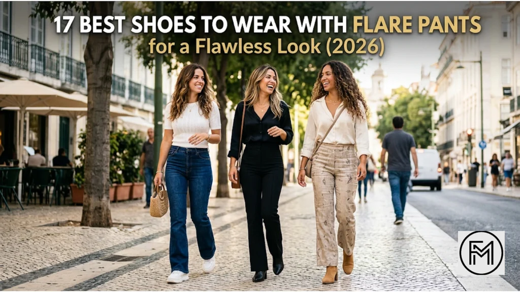"A stylish feature image showing three beautiful women walking down a sunny cobblestone street, each wearing different styles of flare pants and shoes. The image includes a bold text overlay that reads: '17 Best Shoes to Wear with Flare Pants for a Flawless Look (2026)'."