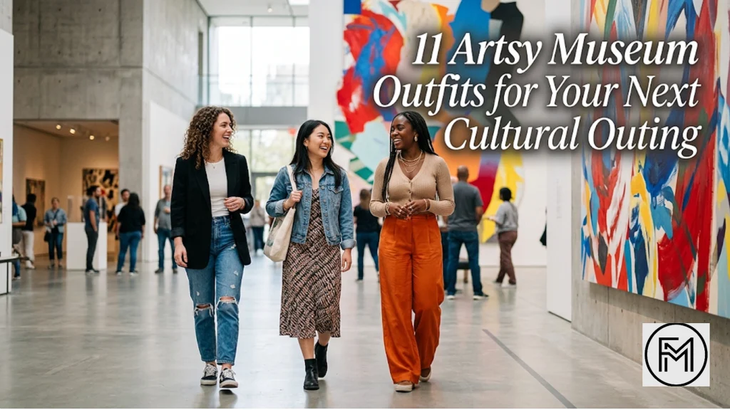 A photograph of three diverse, smiling women walking through a modern art museum, all dressed in casual, stylish outfits. The background shows concrete architecture and colorful abstract paintings. The text overlay reads: 11 Artsy Museum Outfits for Your Next Cultural Outing.