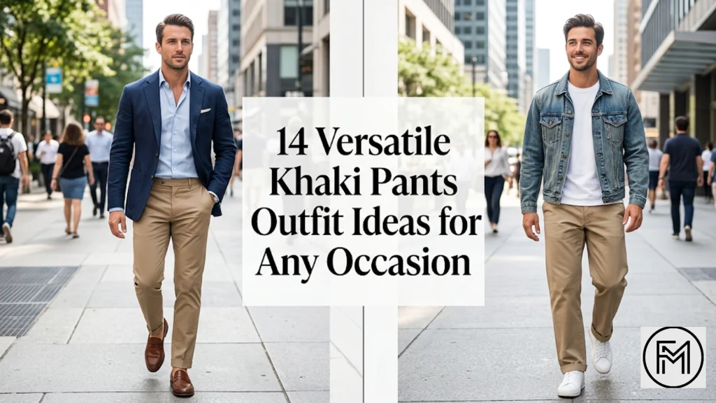 Fashion blog featured image showcasing men's style with the title 14 Versatile Khaki Pants Outfit Ideas for Any Occasion, featuring modern smart-casual and streetwear looks.