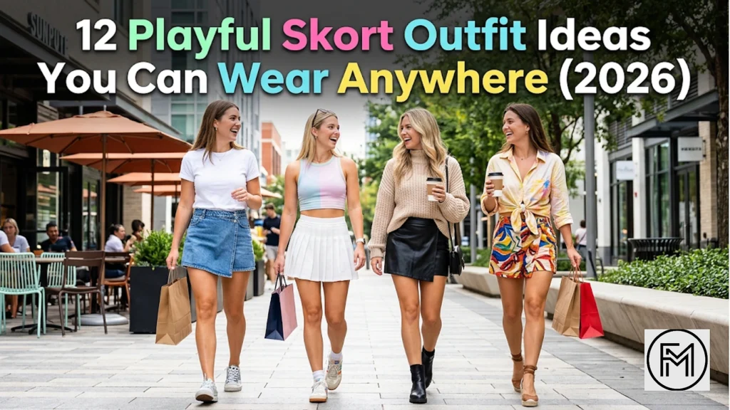A photograph of four cheerful young women walking down an outdoor paved street lined with shops and cafes. A large text overlay at the top reads, "12 Playful Skort Outfit Ideas You Can Wear Anywhere (2026)." The women are laughing and talking. From left to right: a woman in a white t-shirt and denim skort, a woman in a striped crop top and white pleated tennis skort, a woman in a beige turtleneck and black leather wrap skort, and a woman in a tied patterned shirt and colorful print skort. They are carrying brown and blue shopping bags. The background shows outdoor cafe seating, red umbrellas, and modern buildings under a daylight sky.