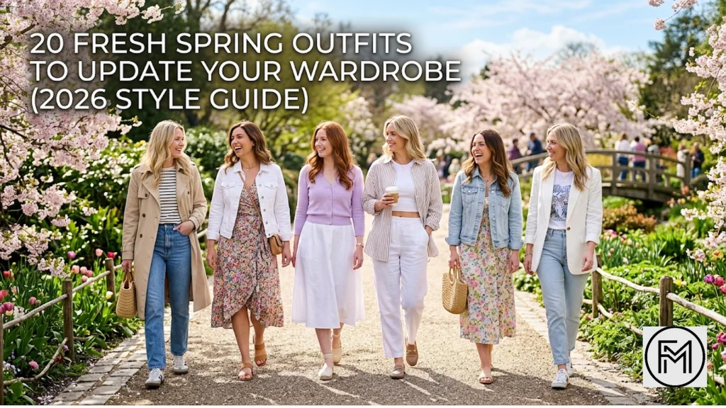 A group of six smiling women walk together down a path in a park filled with blooming cherry blossom trees. They are wearing various casual spring outfits, such as denim jackets, floral dresses, and light-colored pants. In the top-left corner, text overlay reads: "20 FRESH SPRING OUTFITS TO UPDATE YOUR WARDROBE (2026 STYLE GUIDE)".