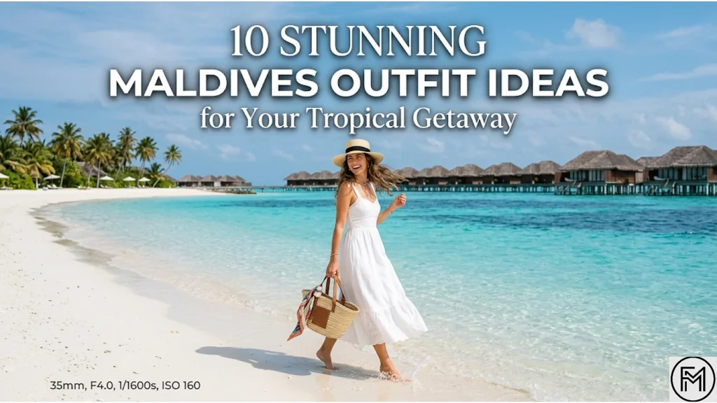 Title text reading "10 Stunning Maldives Outfit Ideas for Your Tropical Getaway" over a picturesque tropical scene featuring a woman in a breezy white sundress and straw hat walking barefoot on a white sand beach, with bright turquoise water and overwater bungalows in the background.