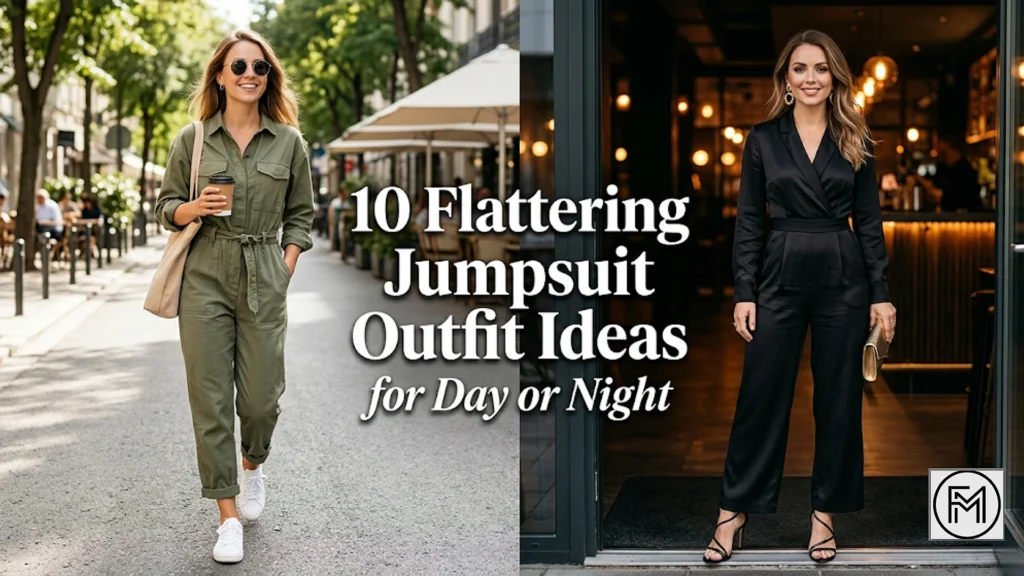 A split-screen photograph comparing daytime and evening jumpsuit styling. On the left, a woman in an olive green utility jumpsuit, wearing sunglasses and holding a coffee, walks on a sunny city street. On the right, a woman in a black satin jumpsuit, high heels, and holding a gold clutch, stands at a restaurant entrance. Prominent text in the center reads, "10 Flattering Jumpsuit Outfit Ideas for Day or Night."