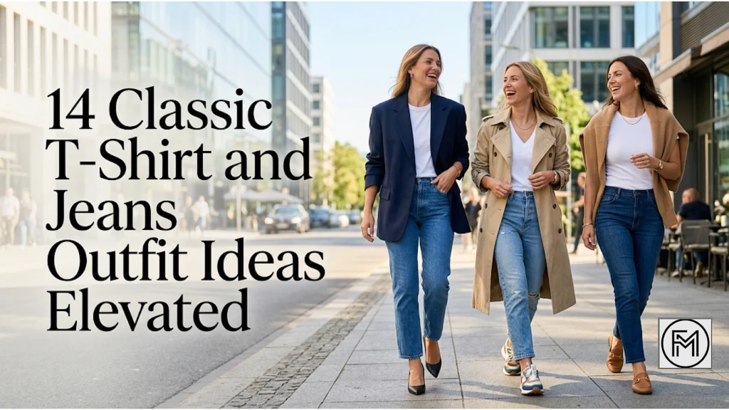 An editorial-style photograph of three stylish women walking and laughing on a modern city street, all wearing white t-shirts and jeans. The text "14 Classic T-Shirt and Jeans Outfit Ideas Elevated" is displayed on the left.