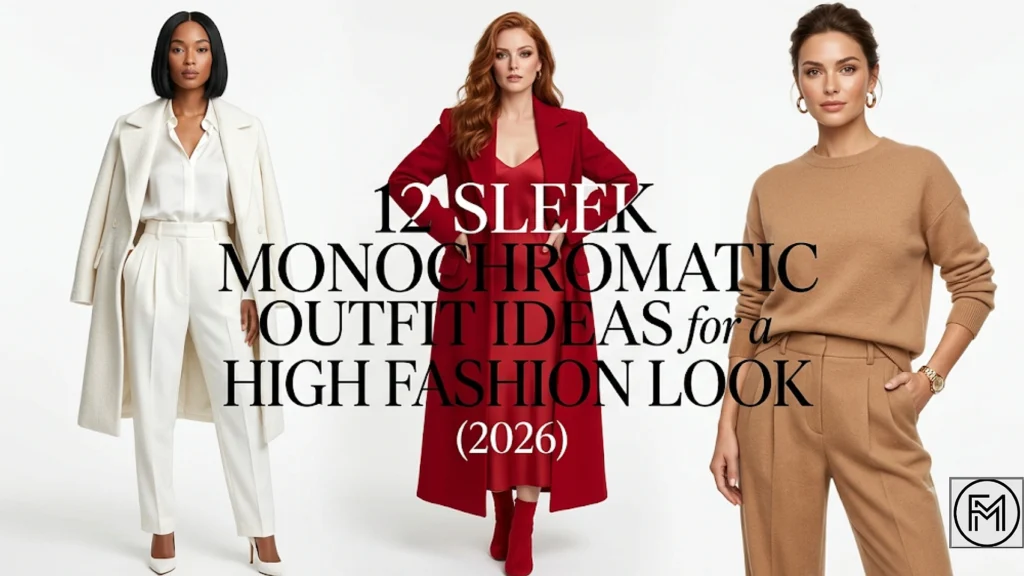 "A high-fashion blog feature image showing three models standing against a pure white background. The left model wears an all-white tailored coat and trousers; the center model wears a vibrant red maxi coat over a red slip dress; and the right model wears a luxurious camel cashmere sweater and matching pants. Bold, magazine-style text in the center reads: '12 SLEEK MONOCHROMATIC OUTFIT IDEAS for a HIGH FASHION LOOK (2026)'."