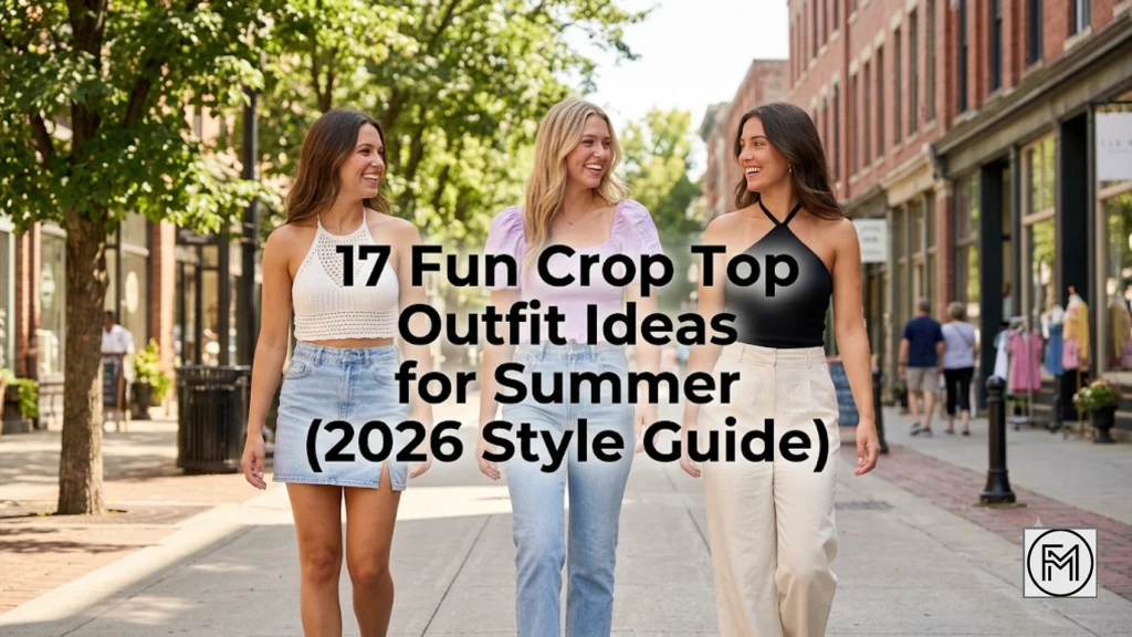 A wide feature image for a fashion blog shows three stylish young white women walking confidently and laughing together on a sun-drenched, aesthetically pleasing city street lined with trees and brick buildings. They are wearing trendy summer crop top outfits: the first woman in a white crochet crop top with a denim skirt, the second in a pastel puff-sleeve crop top with high-waisted jeans, and the third in a sleek black halter crop top with tailored trousers. Large, bold, and modern typography is stylishly integrated into the center and negative space of the image clearly reading: "17 Fun Crop Top Outfit Ideas for Summer (2026 Style Guide)". The vibe is natural, candid, and aspirational summer fashion. The photograph is detailed, photorealistic, and has a vibrant summer color palette in a candid, editorial fashion photography style.