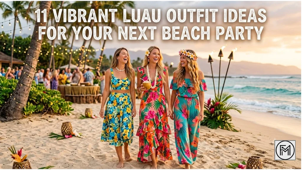 Three women wearing vibrant tropical floral outfits walking on a sandy beach at a sunset luau party, with the text overlay "11 Vibrant Luau Outfit Ideas For Your Next Beach Party".