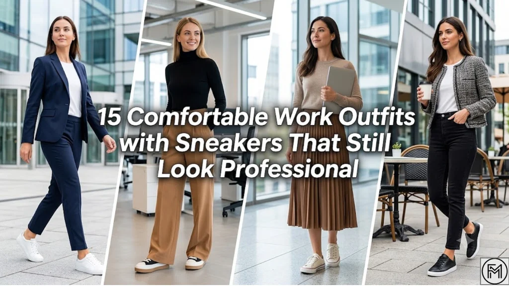 A vibrant four-panel feature image showcasing professional women in stylish smart-casual work outfits, including suits, wide-leg trousers, and midi skirts, all perfectly paired with comfortable sneakers. Bold white text across the center reads "15 Comfortable Work Outfits with Sneakers That Still Look Professional."