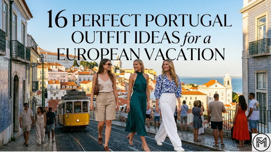 Three stylish women showcasing different summer travel outfits, including linen shorts, a green halter dress, and white trousers, walking on a cobblestone street in Lisbon, Portugal. A classic yellow tram and historic buildings are in the background. Bold text over the blue sky reads, "16 Perfect Portugal Outfit Ideas for a European Vacation."